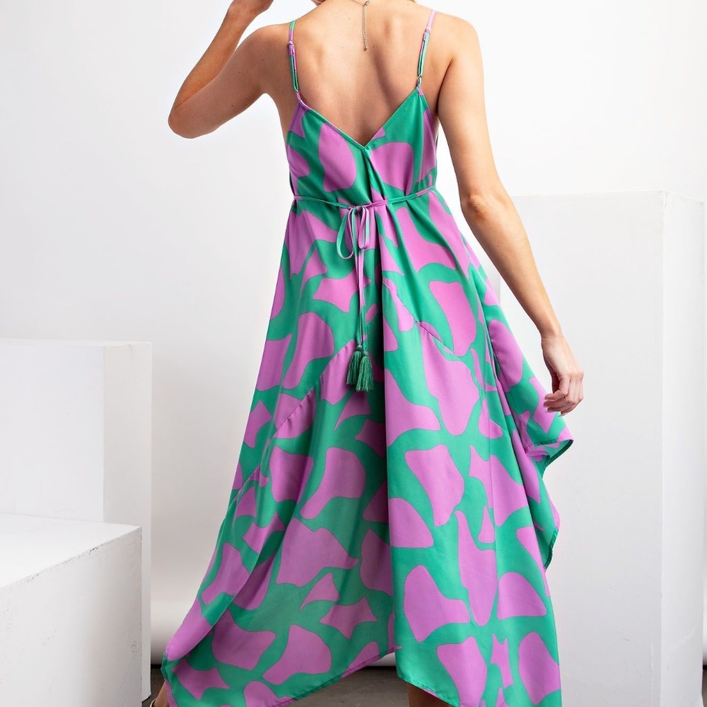 NEW EASEL GEO PRINT GREEN & LILAC SHARKBITE WOVEN V NECK DRESS SIZE SMALL BOHO - Picture 6 of 8